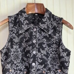 Vintage Guess Jeans Denim Vest Womens Large Black Floral Button Front USA AST877